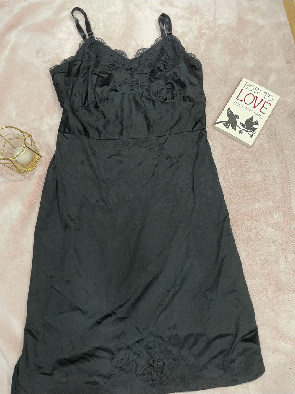 Lace-Trim Black Satin Slip with Adjustable Straps